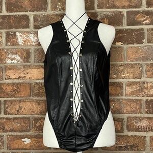Flirty Black Backless Genuine Leather Bodysuit